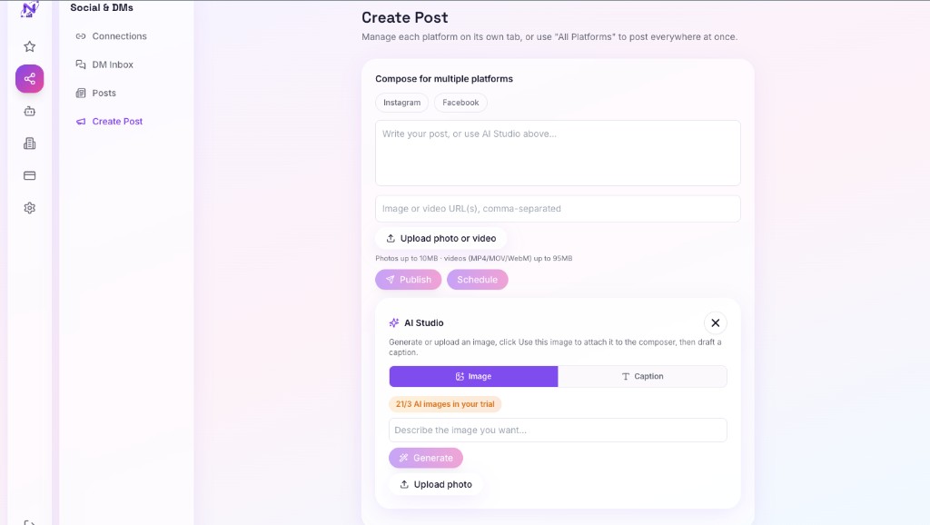 Create Post and AI Studio, compose for multiple platforms and generate visuals in one place