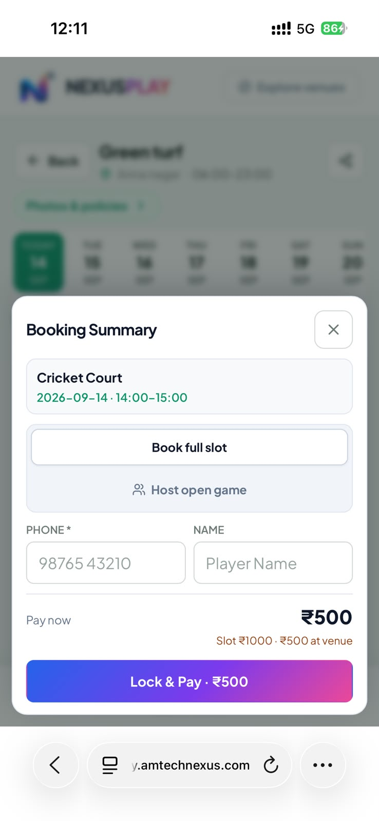 Booking summary with book full slot and host open game options