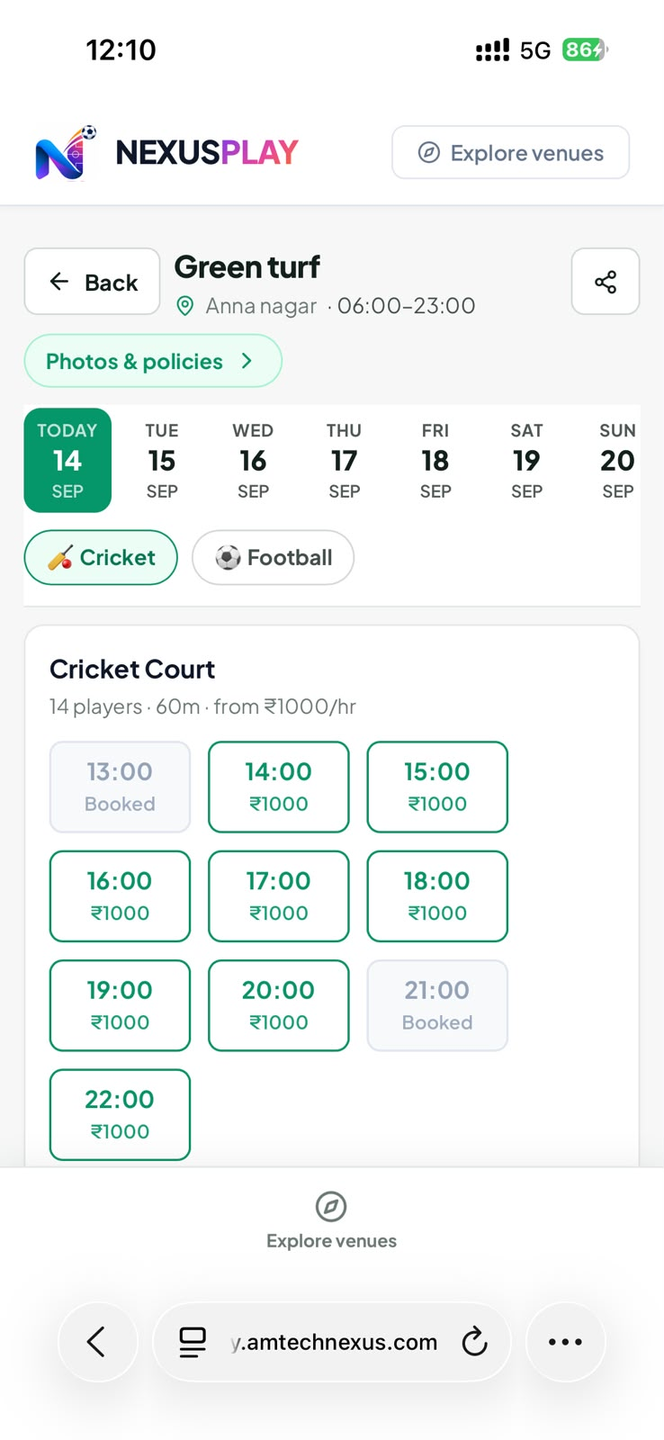 Player view of Green turf with cricket slots and live availability